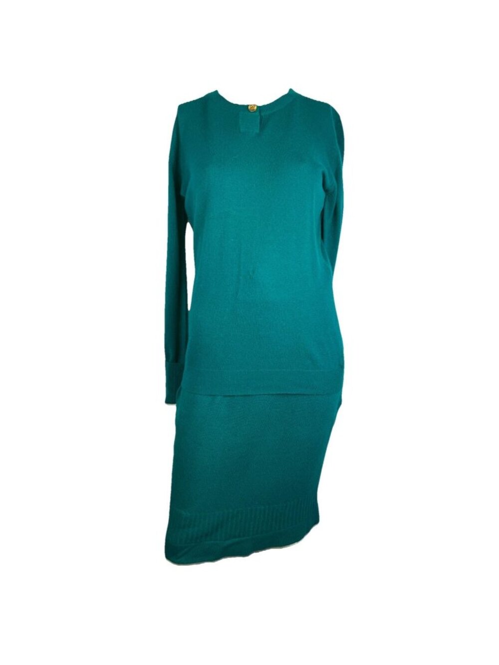 2 Pc Vintage Chanel Cashmere Teal Sweater Skirt Suit Set 80s